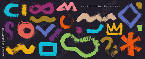 Vector playful abstract shapes in doodle grunge style in multi colored. Hand drawn doodle scribble circle colorful geometric elements. Squiggles, asterisk, circles, dots, wavy lines, infinity sign.