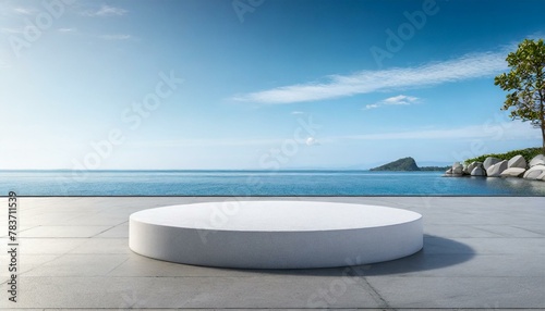 Seaside Serenity: 3D Rendering of Round Podium in Clear Sky Background