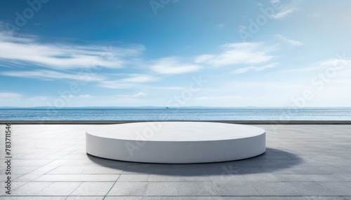 Minimalist Marvel  Sea View Plaza with Round Podium and Clear Sky