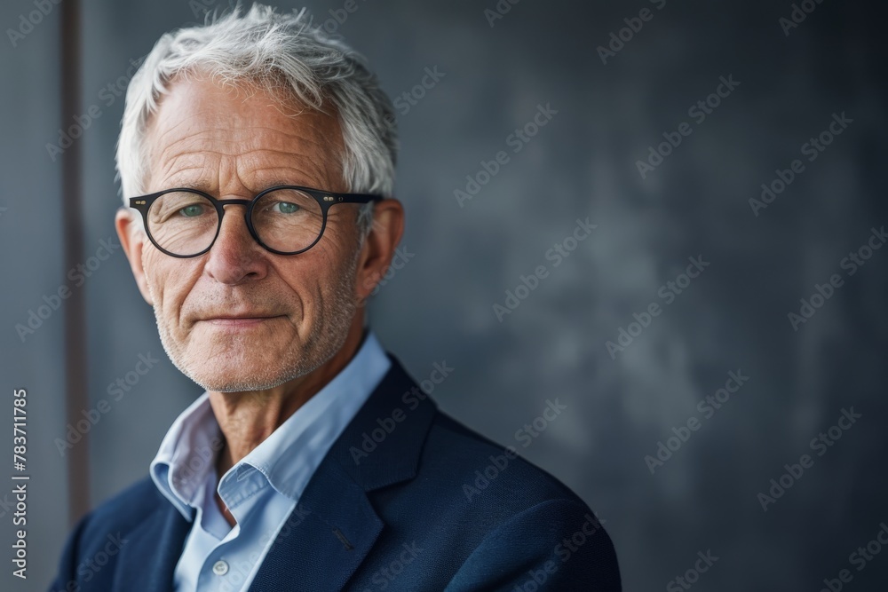 close-up portrait of a mature, professional man with gray hair, wearing glasses and a navy blue suit.. Beautiful simple AI generated image in 4K, unique. close-up portrait of a mature, professional man with gray hair, wearing glasses and a navy blue suit.. Beautiful simple AI generated image in 4K, unique.