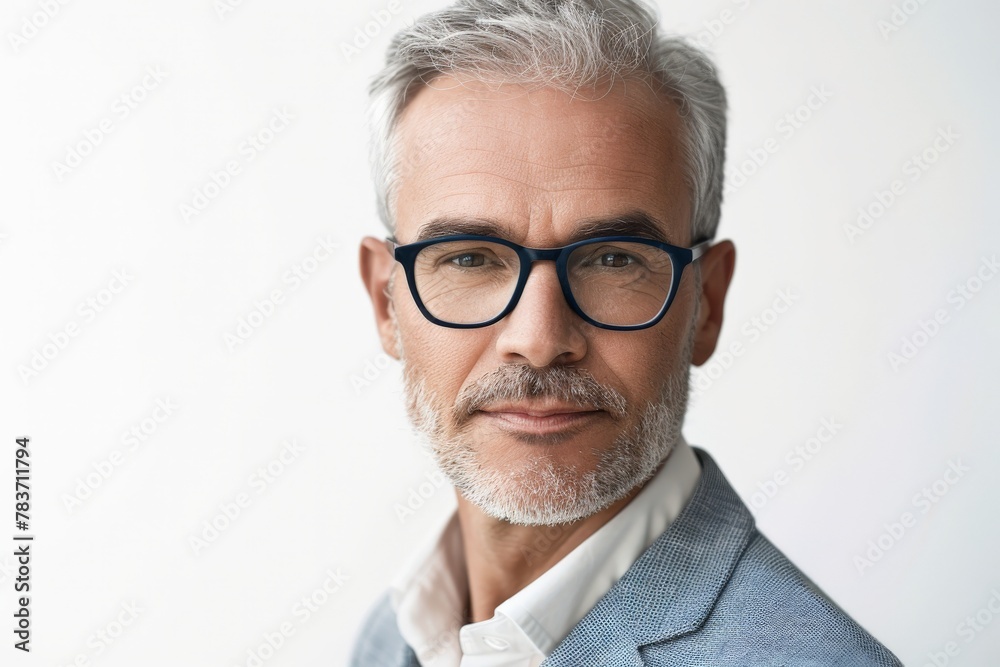 close-up portrait of a mature, professional man with gray hair, wearing glasses and a navy blue suit.. Beautiful simple AI generated image in 4K, unique.