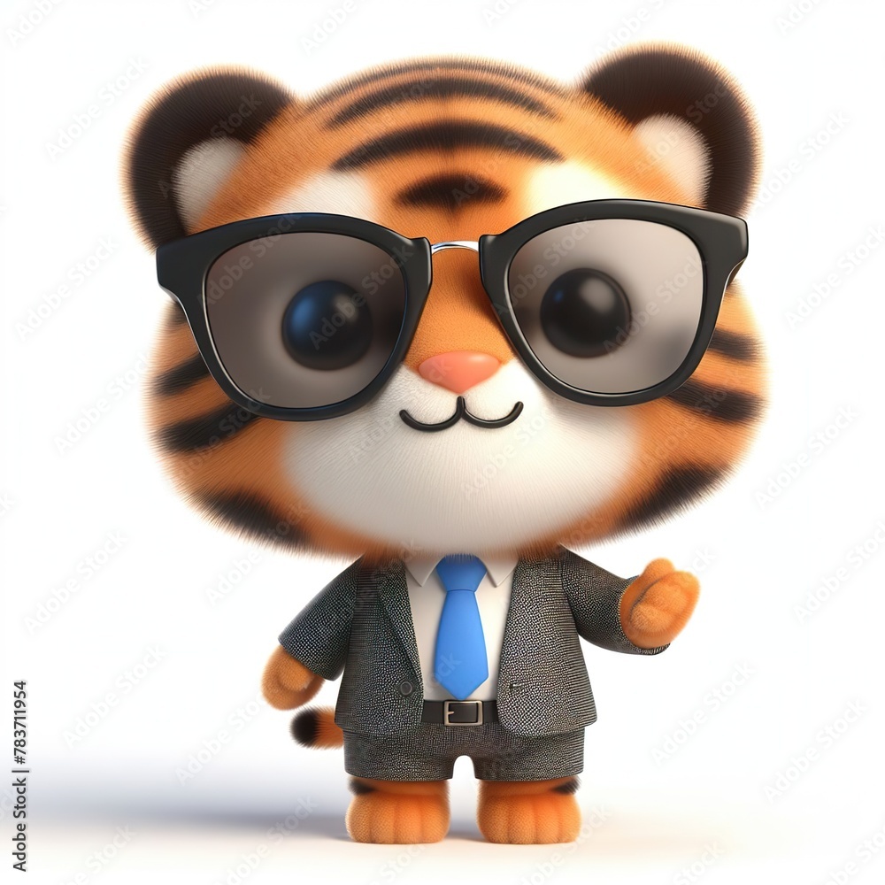 a cute tiger wearing suit and cool fashion eyeglasses , funny, happy, smile, white background
