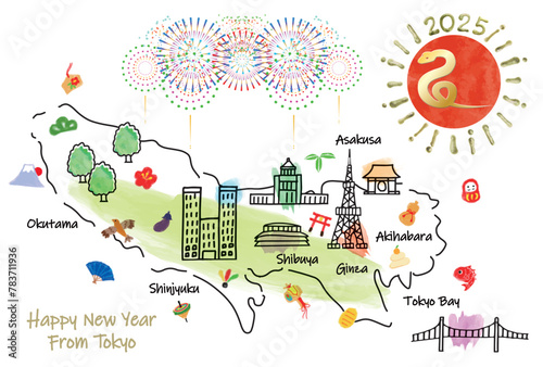 東京の観光地のイラストマップ年賀状2025年 photo