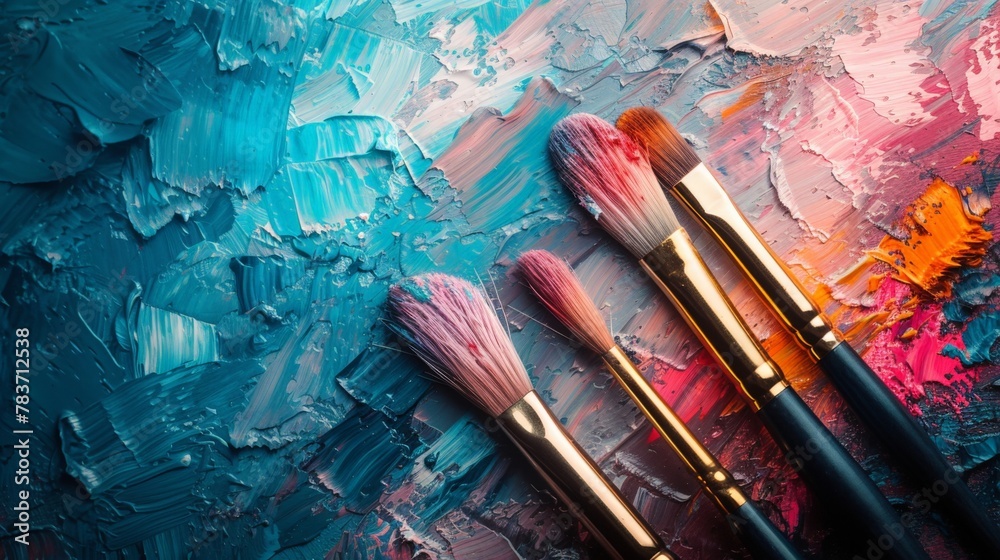 Fototapeta premium Vibrant Paintbrush Trio on Colorful Background with Paint Splotches and Splatters