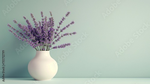 lavender bouquet in a light vase against a pastel green background, minimalist and elegant decoration, vase on the left and copy space on the right, wallpaper