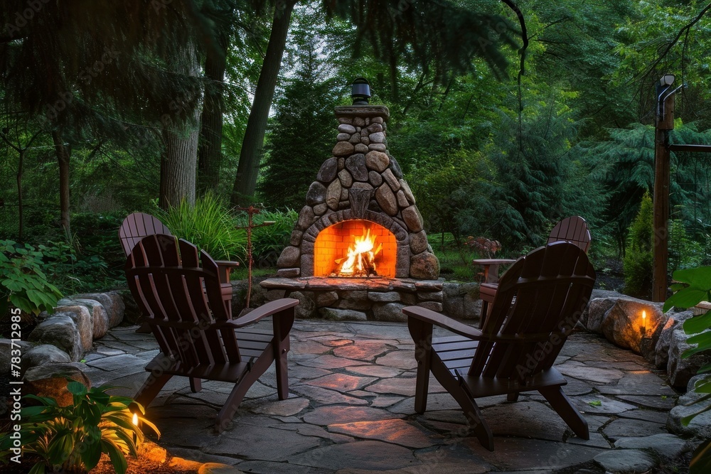 Fototapeta premium Durable Backyard fireplace wood chairs. Plant furniture. Generate Ai