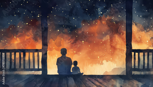 A man and a boy are sitting on a railing looking at the stars