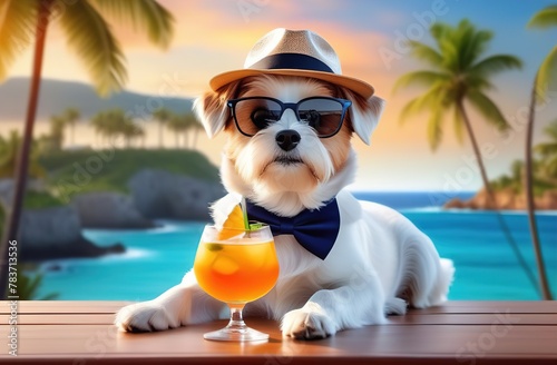 A Maltese lapdog is sitting at a table in sunglasses and a hat by the sea. Nearby there is a cocktail, palm trees, the ocean. Vacation. Atmospheric. photo