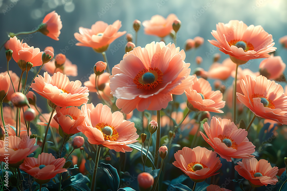 Obraz premium Vibrant floral wallpaper featuring a beautiful arrangement of colorful flowers in full bloom, creating an enchanting and refreshing backdrop for nature-inspired designs and elegant spaces 