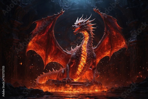A large red dragon with glowing red wings sits in a fiery pit