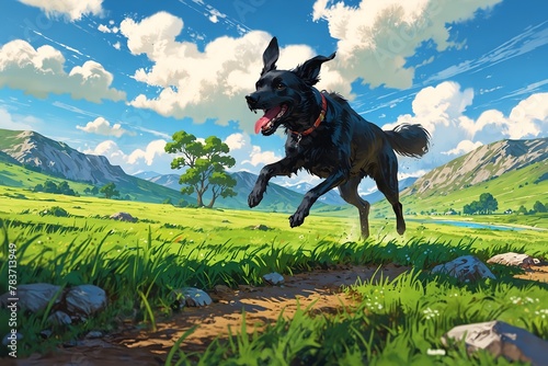 A black dog is running through a field with mountains in the background © SynchR