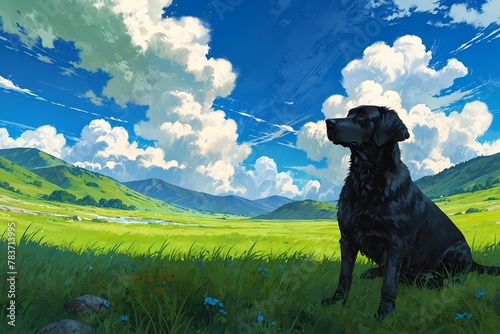 A black dog is sitting in a grassy field with a blue sky in the background © SynchR