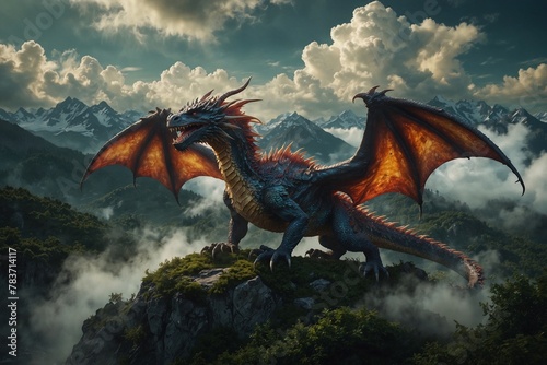A large dragon is perched on a rocky mountain top, surrounded by a misty © SynchR