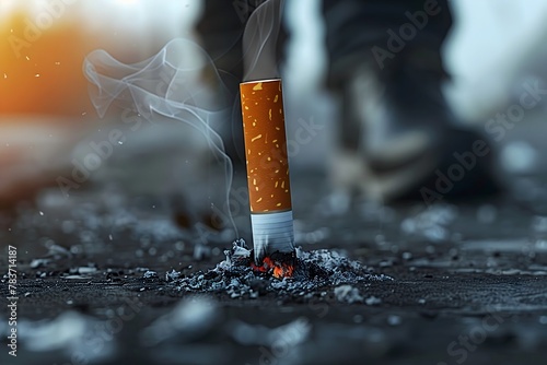 Lit cigarette on street floor with ashes macro view, quit smoking world no tobacco day concept