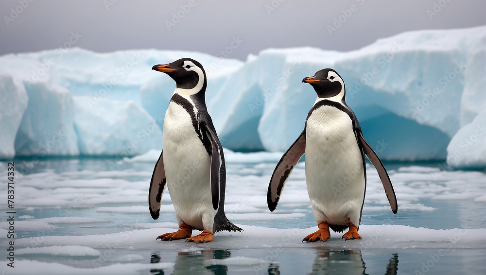 Fototapeta premium two penguins on the rocks, two penguins on the snow, emperor penguin in polar regions