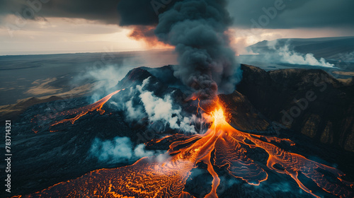 Aerial view of an active volcano erupting with flowing lava and smoke against a dramatic landscape. Aerial shot looking directly down on a river of lava. Lava Flows on active volcano aerial view. 