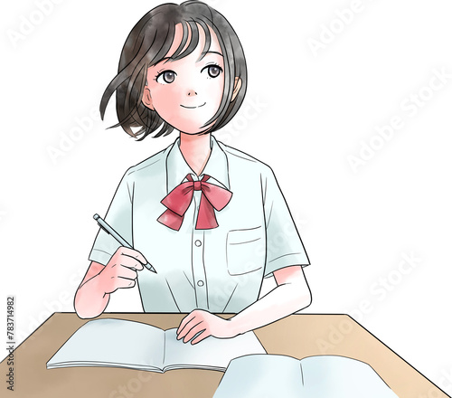 勉強する夏服姿の女子学生のイラスト