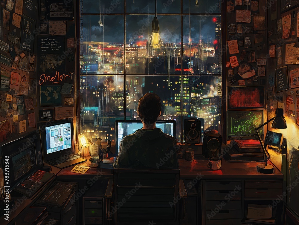 A man is sitting at a desk with a computer and a monitor. The room is decorated with posters and has a window with a view of the city