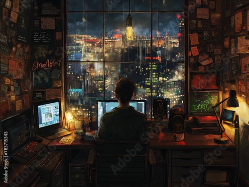 A man is sitting at a desk with a computer and a monitor. The room is decorated with posters and has a window with a view of the city