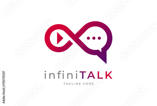 Talk Media Logo. infinity with play button and bubble chat combination. usable for brand and company logos. flat design logo template. vector illustration
