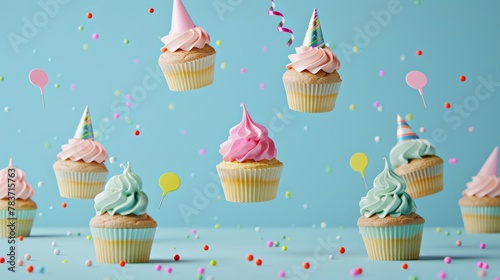 A collection of floating cupcakes with mini party hats on   AI generated illustration