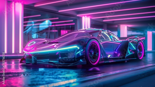 A futuristic supercar in a neon-infused 3d render  AI generated illustration © ArtStage