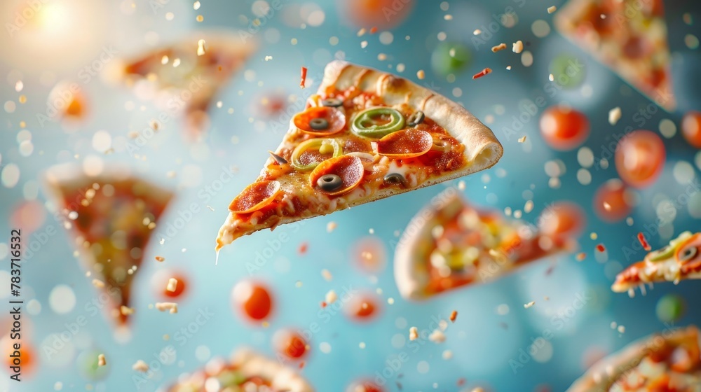 A group of flying pizza slices with various toppings AI generated illustration A group of flying pizza slices with various toppings AI generated illustration