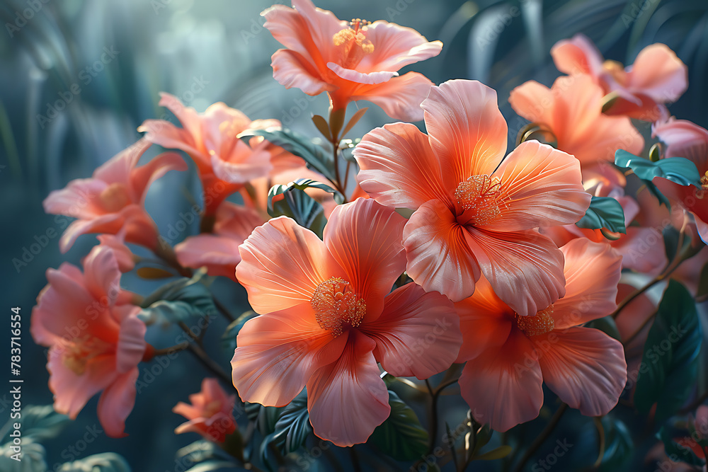 Obraz premium Vibrant floral wallpaper featuring a beautiful arrangement of colorful flowers in full bloom, creating an enchanting and refreshing backdrop for nature-inspired designs and elegant spaces
