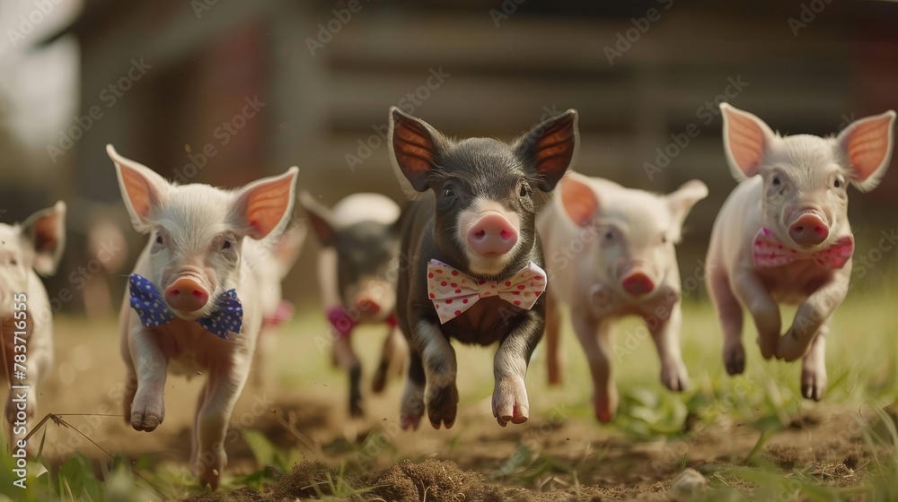 A group of tiny piglets in bowties flying in formation   AI generated illustration
