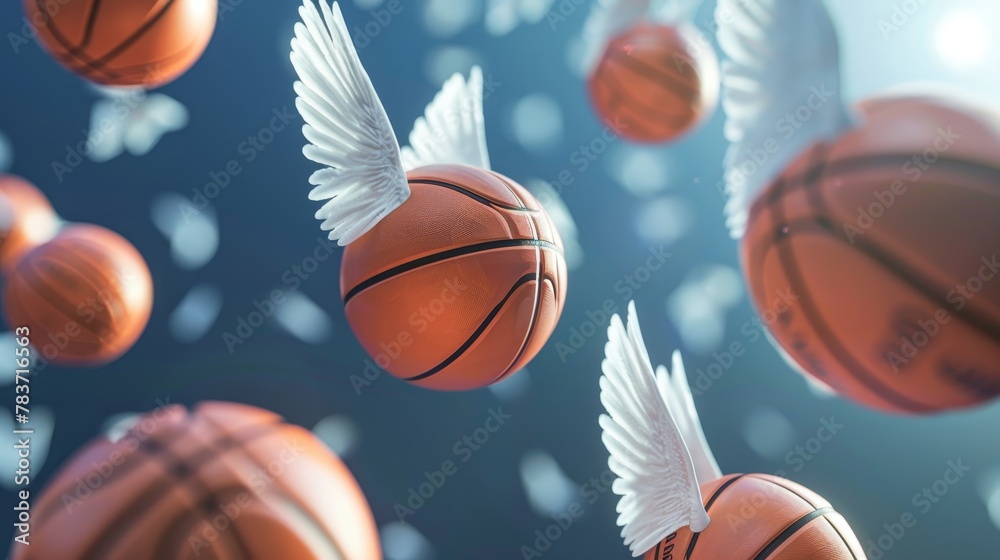 A group of winged basketballs floating through the air   AI generated illustration