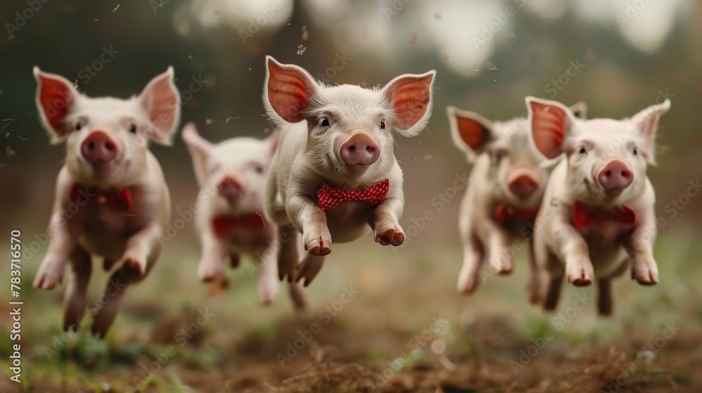 A group of tiny piglets in bowties flying in formation AI generated illustration A group of tiny piglets in bowties flying in formation AI generated illustration