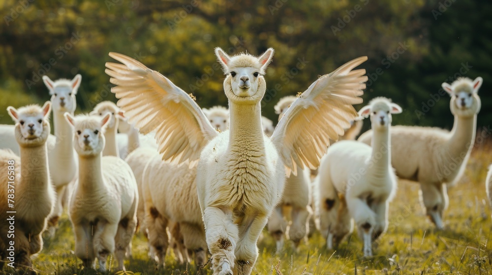 Fototapeta premium A herd of fluffy alpacas with wings gracefully gliding AI generated illustration
