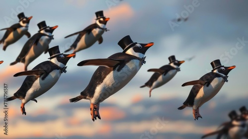 A herd of flying penguins with top hats and bowties  AI generated illustration