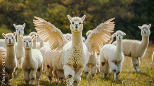 A herd of fluffy alpacas with wings gracefully gliding   AI generated illustration