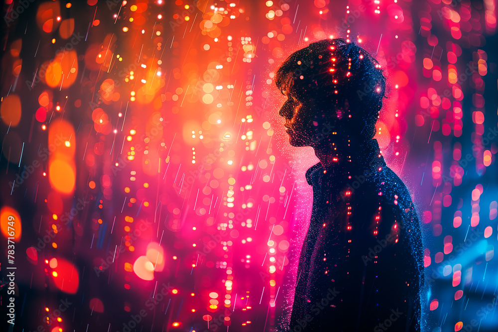 A men stands alone amidst the downpour,backdrop of a neon-lit cityscape.
