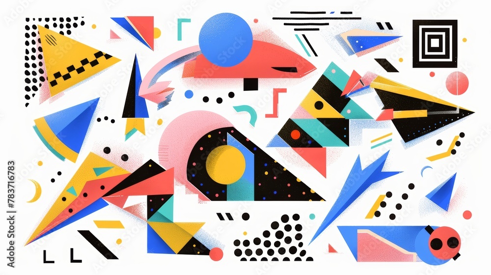 Obraz premium A playful composition of isolated flying objects in a colorful Memphis style AI generated illustration