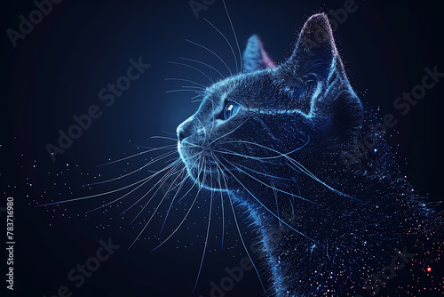 Stylized wireframe depiction of a cat on a dark blue background, showcasing intricate geometric lines and minimalistic design, perfect for modern and artistic digital projects or designs