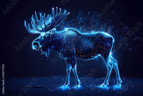 Intricate wireframe depiction of a moose on a dark blue background, showcasing a complex web of geometric lines that create a stunning, minimalist design ideal for modern and artistic digital projects © Evhen Pylypchuk