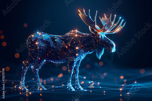 Intricate wireframe depiction of a moose on a dark blue background  showcasing a complex web of geometric lines that create a stunning  minimalist design ideal for modern and artistic digital projects