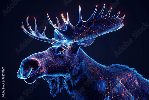 Intricate wireframe depiction of a moose on a dark blue background, showcasing a complex web of geometric lines that create a stunning, minimalist design ideal for modern and artistic digital projects photo