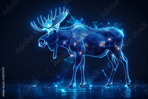 Intricate wireframe depiction of a moose on a dark blue background, showcasing a complex web of geometric lines that create a stunning, minimalist design ideal for modern and artistic digital projects © Evhen Pylypchuk
