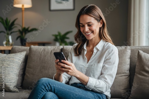 Smiling Woman using smart phone on sofa