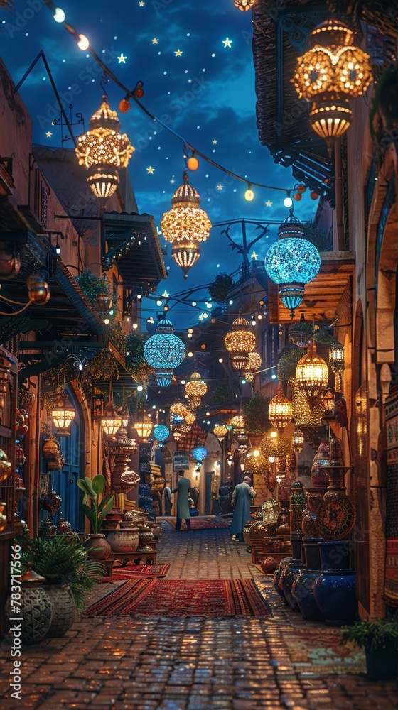 Obraz premium A magical Moroccan souk at night, where carpets fly and lamps guide to hidden treasures, under starlight