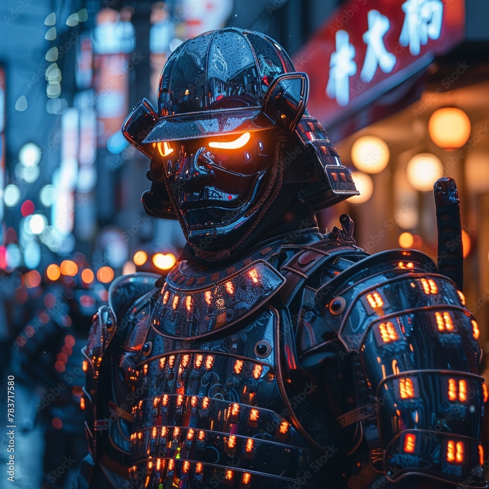 A neon samurai duel, blending tradition with futuristic cyber warfare