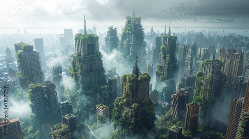 A dystopian city where nature reclaims skyscrapers, and tribes navigate the urban jungle with parkour skills  photo