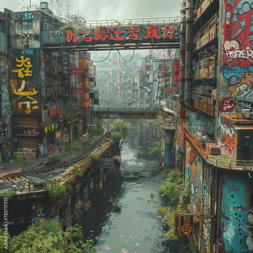 A dystopian cityscape  where rebels use augmented reality graffiti to fight against a digital dystopia