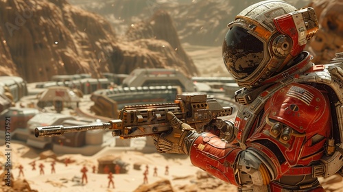 A futuristic gladiator arena on Mars, where combatants use advanced weaponry and armor to entertain colonists photo