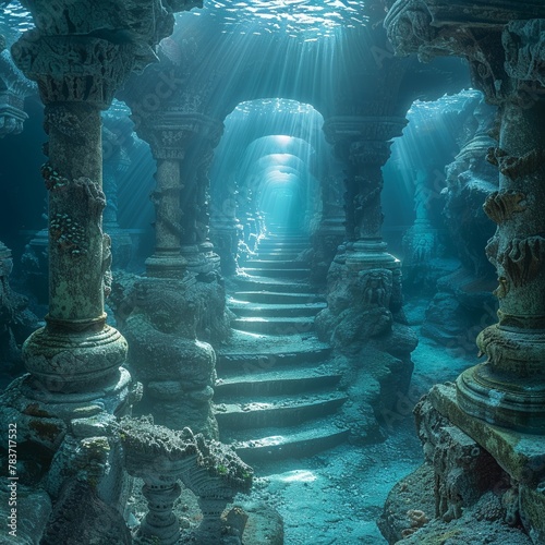 A hidden underwater temple of Poseidon, with corridors lit by bioluminescent algae and guarded by mermaids