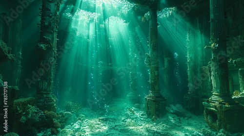 A dystopian underwater society where humans live in harmony with marine life, under a dome of water and light