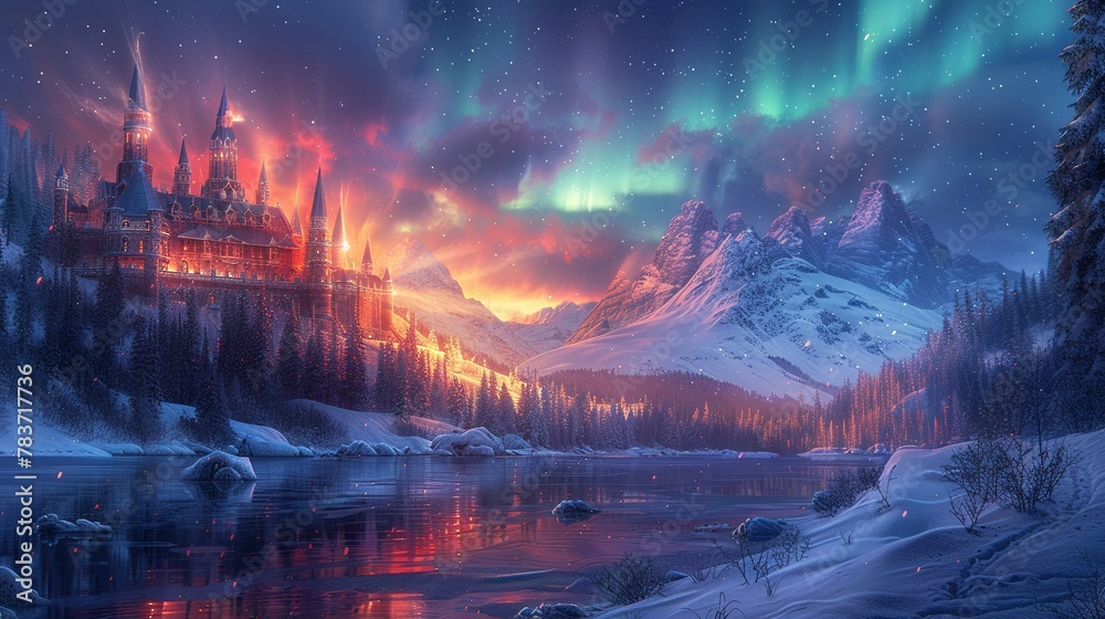 An enchanted winter palace made of ice and light, hosting a ball for faeries and elves under the auroras
